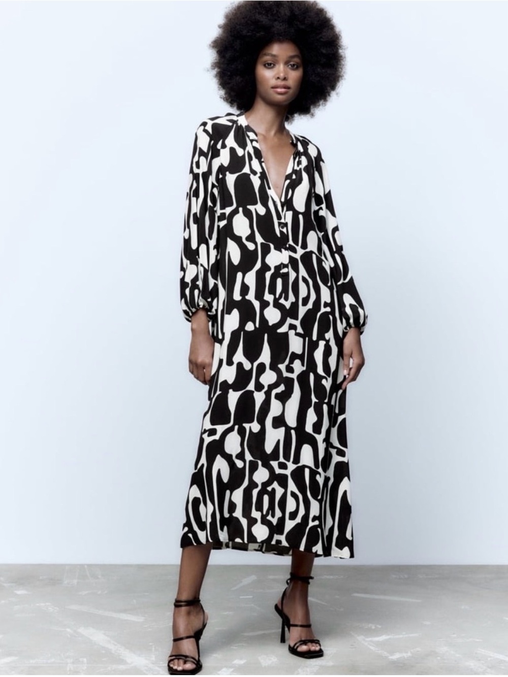 ZARA Retro Black, White Abstract Midi Dress, Kaftan, Kimono, Long Sleeve Coverup